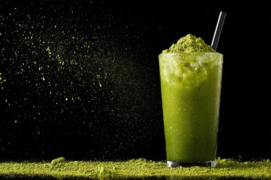 Iced matcha latte drink preparation with powder explosion studio shot on black background healthy beverage concept