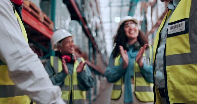 Logistics deal, people or shaking hands in warehouse for outbound partnership, B2B or integration. Celebration, courier or shipping company with handshake for cargo handling offer or export agreement