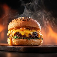Epic Flame-Grilled Cheeseburger with Dripping Melted Cheese, Sesame Bun, and Smoky Ambiance.