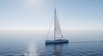 Fototapeta premium A sailboat with white sails gliding smoothly across the calm blue water under a clear sky on a sunny day