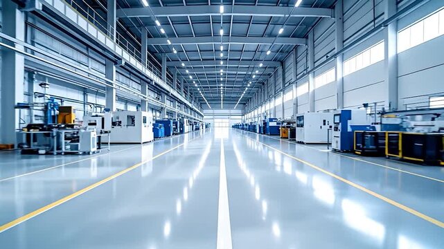 A spacious, modern factory interior with a reflective floor and machinery. Perspective view