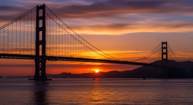 Golden gate bridge silhouetted against a vibrant sunset over the calm waters of the san francisco bay - Powered by Adobe