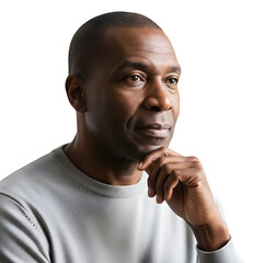 Thoughtful African American man with hand on chin looking away isolated on white background for business and personal use