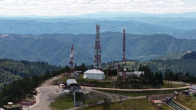 Zlatibor, Serbia. Aerial View of Gondola and Ski Lift Stations, Communication Towers on Tornik Summit