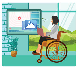 Assistive technology concept. Woman In Wheelchair Using Laptop For Remote Work And Learning.