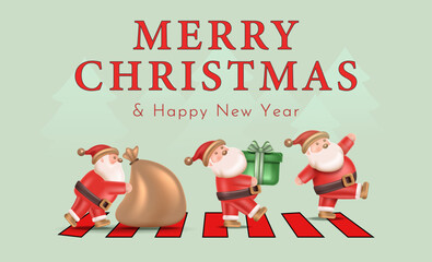 Three cheerful Santas crossing a festive path carrying gifts and bags wishing everyone Christmas happiness and love. Santa Claus Coming to Town Concept. Merry Christmas Poster Design Vector Illustrati