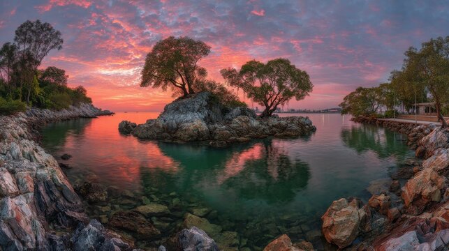 Serene Coastal Scenery at Sunset Dramatic Sky Reflecting in Calm Waters Trees on Rocky Outcrop in Distance - Powered by Adobe