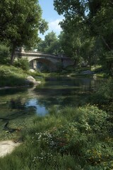 Serene stone bridge over clear river in lush green forest landscape at eye level in a tranquil setting