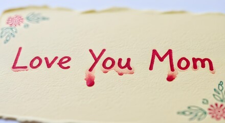 Handwritten message love you mom with floral decorations on a textured paper, expressing affection and appreciation for mothers