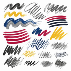 Diverse abstract brush stroke textures and scribbles collection for creative design projects and artistic backgrounds isolated on white background