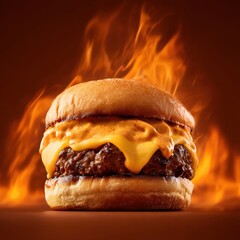Fiery Cheeseburger - Delicious Flame-Grilled Burger with Melted Cheese and Flames.