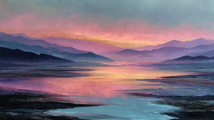  Abstract Sunrise Landscape Over Water. Soft Blended Colors of Pink, Purple, and Blue with Gentle Flowing Lines Depicting Hills and Water. Serene and Ethereal Art Scene.