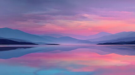  Abstract Sunrise Landscape Over Water. Soft Blended Colors of Pink, Purple, and Blue with Gentle Flowing Lines Depicting Hills and Water. Serene and Ethereal Art Scene.