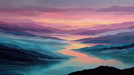  Abstract Sunrise Landscape Over Water. Soft Blended Colors of Pink, Purple, and Blue with Gentle Flowing Lines Depicting Hills and Water. Serene and Ethereal Art Scene.