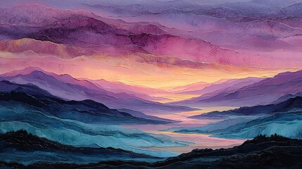  Abstract Sunrise Landscape Over Water. Soft Blended Colors of Pink, Purple, and Blue with Gentle Flowing Lines Depicting Hills and Water. Serene and Ethereal Art Scene.