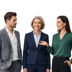 Diverse group of business professionals including a mature woman standing together representing teamwork and collaboration in a corporate setting