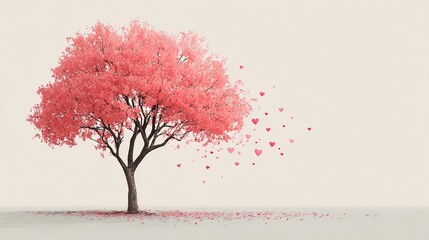 Enchanting Tree with Red Leaves and Pink Hearts Falling. A Magical and Romantic Scene of Nature's Beauty.