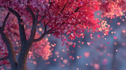 Enchanting Tree with Red Leaves and Pink Hearts Falling. A Magical and Romantic Scene of Nature's Beauty.