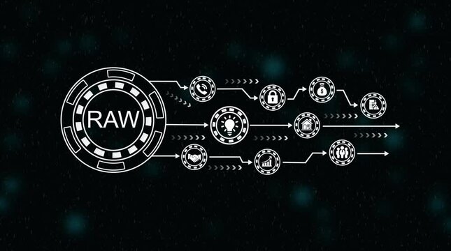 Raw data processing flow chart abstract animation with arrows and circles on dark background with bokeh effects