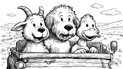 Colorful Adventure of Goat, Duck, and Dog Riding in a Pickup Truck. Fun and Exciting Animal Journey in a Vehicle Coloring Scene.
