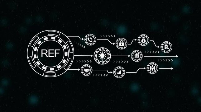 Futuristic reference data flow network connections abstract digital technology concept with glowing particles and directional arrows illustrating information transfer and data streams