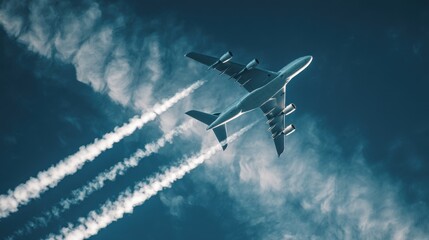 Airplane Ascending into Blue Sky with Contrails from Below Low Angle Shot Daytime