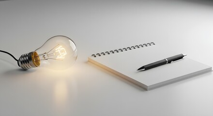 Lit lightbulb next to notepad and pen on white surface