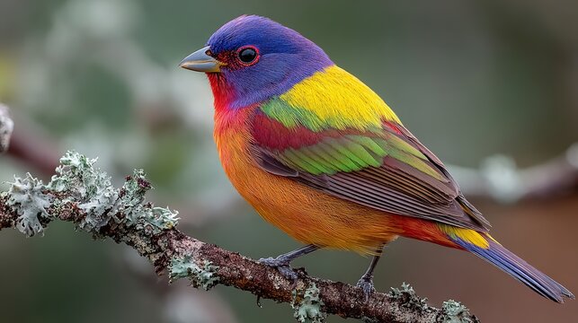 Vibrant Painted Bunting (Passerina ciris) Bird Perched on a Tree Branch
