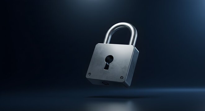 Metallic padlock floating against dark blue background security concept