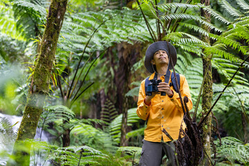 Asian naturalist bird watching is holding the binoculars while exploring in the tree fern forest for surveying and discovering the rare biodiversity species and ecologist on the field study