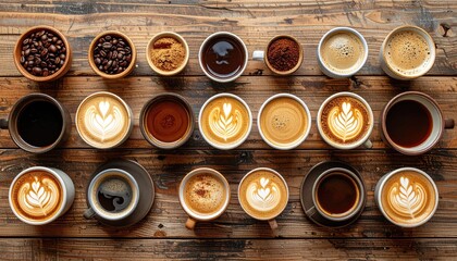 An Assortment Of Coffee Cups And Beans Arranged On A Rustic Wooden Table Background In A Top Down View Shot Capturing Various Coffee Preparations From Espresso To Cappuccinos With Latte Art Detail