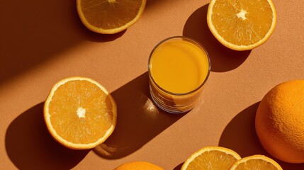 Freshly Squeezed Orange Juice with Halved Oranges, Top-Down View, Warm Lighting.
