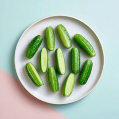 Freshly Sliced Mini Cucumbers Artfully Arranged on a White Plate Against a Pastel Backdrop.