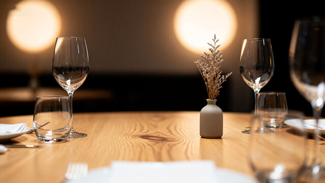 Elegant table setting with wine glasses and floral decor