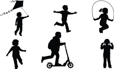 Children activity silhouette, outdoor play icon, dynamic movement graphic, childhood fun scene, playful motion set, flat vector illustration
