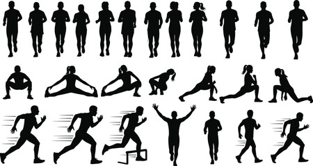 Athlete silhouette vector, fitness movement icon, running pose graphic, stretching exercise set, dynamic workout scene, flat vector illustration