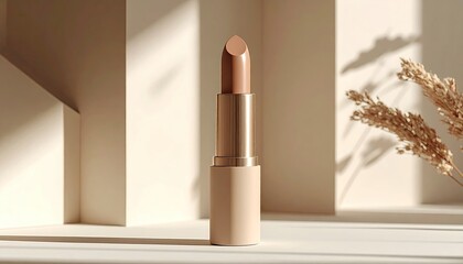Beige Lipstick in Gold Casing with Soft Natural Lighting and Shadow Play Casting Decorative Patterns on Minimalist Background with Dried Grass Accent