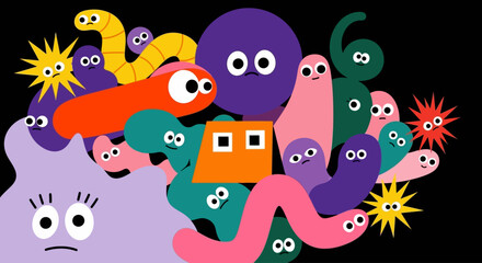 A diverse community of vibrant and whimsical cartoon microbes, featuring quirky monster characters happily coexisting in a playful microscopic universe illustration