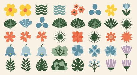 A diverse collection of stylized botanical icons featuring flat design flowers, leaves, and plants in a modern palette