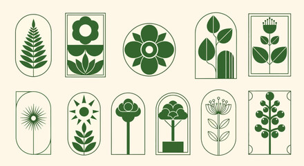 Abstract botanical illustrations featuring geometric plants and flowers in a minimalist vector icon set, perfect for modern design projects