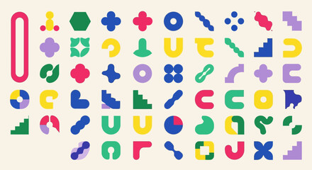 A diverse collection of colorful minimalist geometric forms and bold abstract symbols for modern graphic design projects