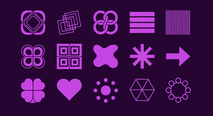 Abstract set of vibrant purple geometric icons and brutalist shapes. A Y2K inspired vector element collection for modern graphic design