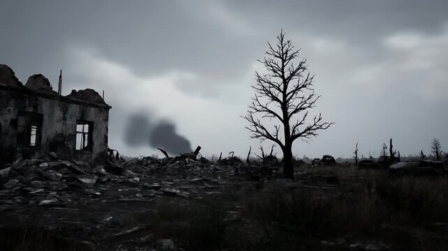 Post-War Landscape: Ruins, Bare Tree, and Overcast Sky