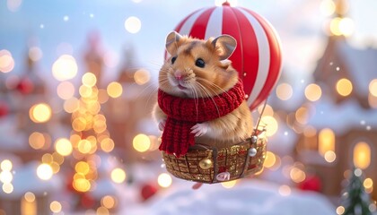 Whimsical Festive Hamster in Hot Air Balloon with Winter Scenery Illustration