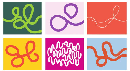 Creative set of minimalist hand-drawn scribble patterns and abstract single line art on colorful vector backgrounds