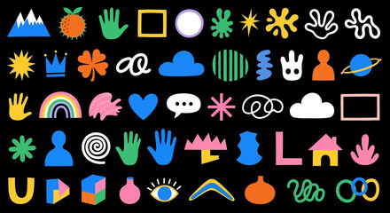 Vibrant collection of abstract geometric shapes and bold doodle icons, a modern set of diverse graphic elements inspired by 90s aesthetics
