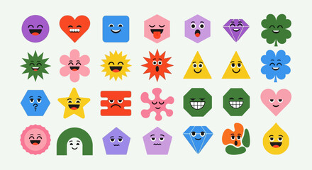 Modern collection of cute abstract basic shape characters with funny faces, an expressive geometric sticker set for digital use