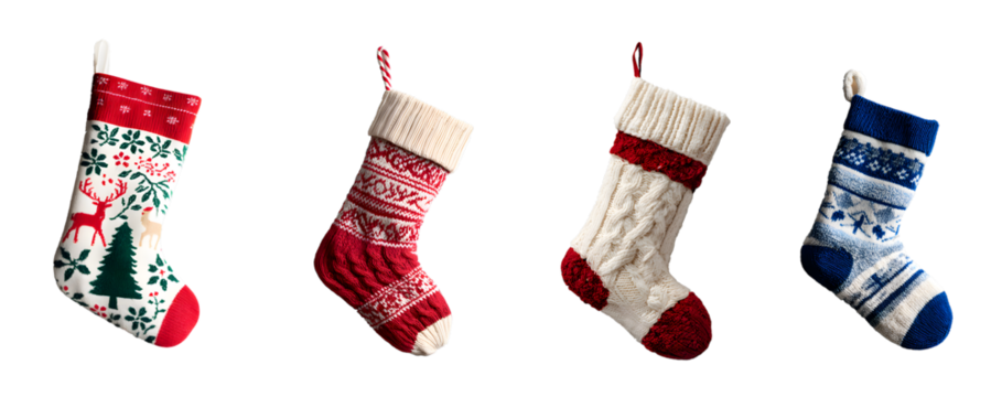 christmas stockings collection isolated on white background, knitted holiday socks cut out, festive decorations isolated on a transparent PNG background
