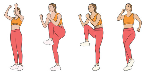 Illustration of Woman Stretching Before Workout. Knee Lift, Arm Stretch and Jogging in Place.