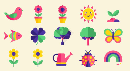 A vibrant and joyful collection of flat design icons representing spring, nature, and garden elements for modern creative projects © John
